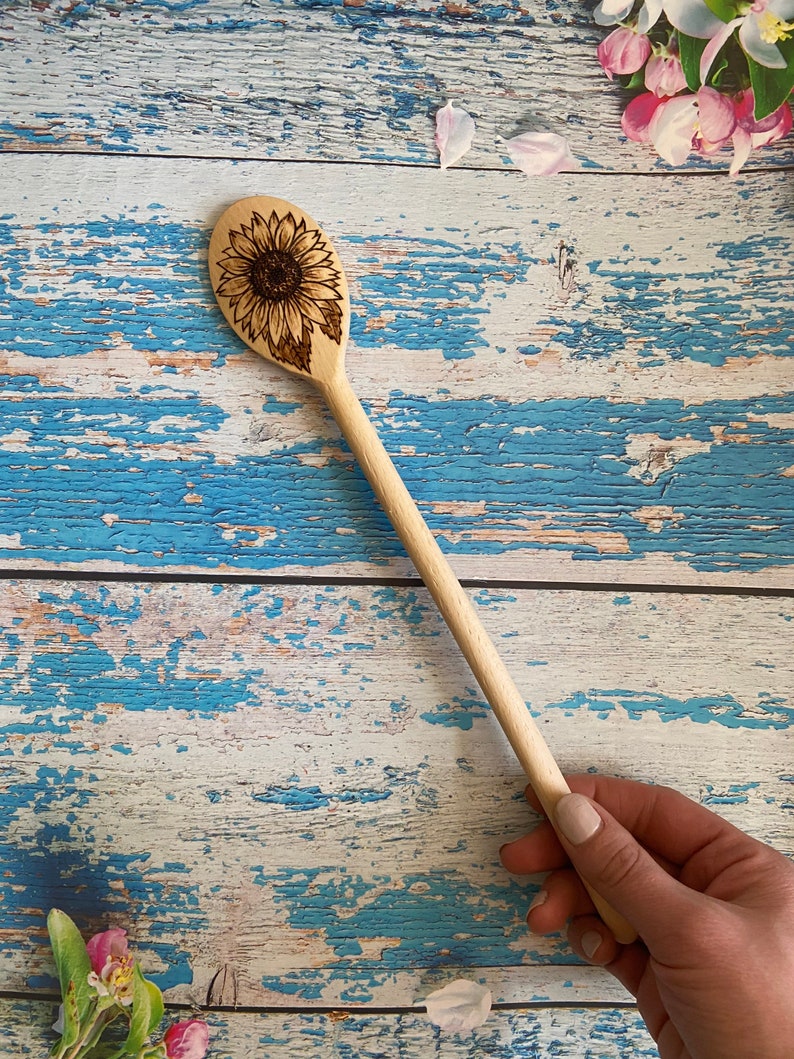 Hand burned sunflower wooden spoons