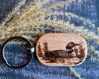 Handmade Wood Burned Loon Keychain, Nature Lover Gift