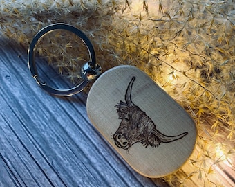 Wood burned highland cow keychain