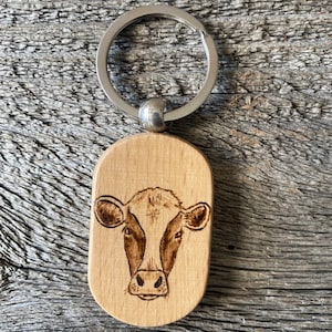 Wood Burned Cow Keychain