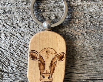 Wood Burned Cow Keychain