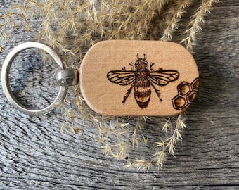 Wood Burned Bee Keychain