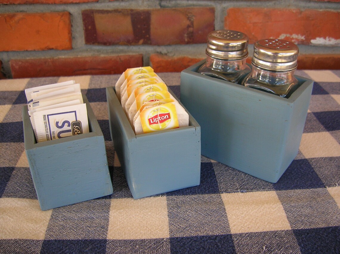 Table Organizer Set Salt and Pepper Shaker Holder. Tea Bag Caddy, Sugar Packet Holder Rustic