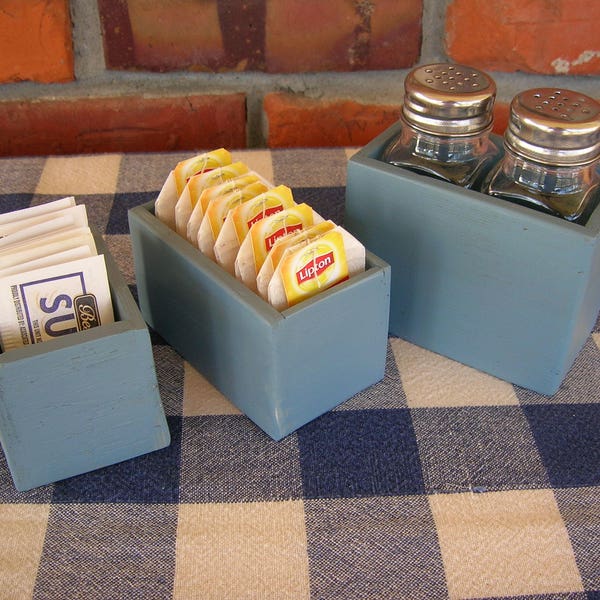 Table Organizer Set - Salt and Pepper Shaker Holder. Tea Bag Caddy, Sugar Packet Holder - Rustic Blue - Kitchen, Dining, Restaurant, Bar