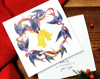 Cloisonné Christmas Bells Bird Card, Red & Navy Blue