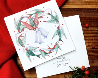 Cloisonné Christmas Bells Bird Card, Winter Evergreens