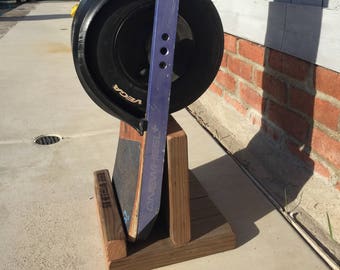 Onewheel stand with Custom lettering, reclaimed wood