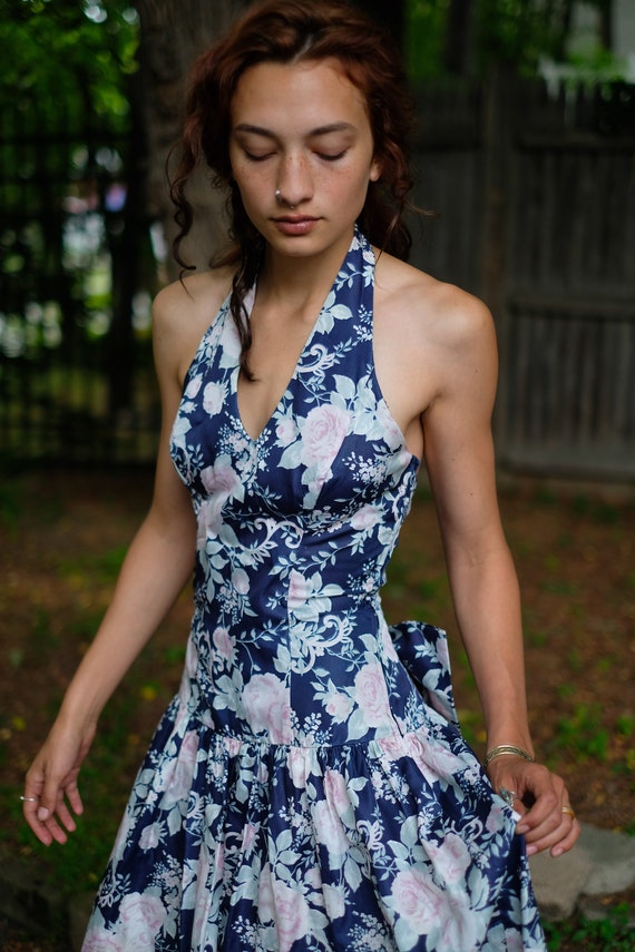 1980s Floral Halter Top Jessica McClintock Gunne S