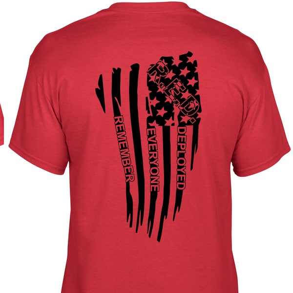 RED Remember Everyone Deployed Military American Flag front and back image tshirt 8000 8000