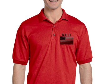 American Flag RED Remember Everyone Deployed Military Custom Polo, no pocket 8800 Gildan