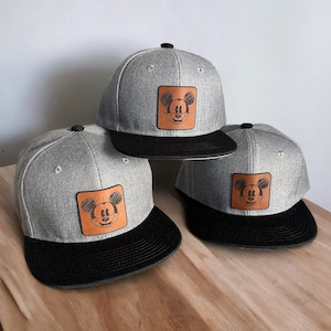 Flat Bill Disney Trucker Hat, Adult Disneyland baseball cap, Daddy Youth Infant matching hat, Grey/Black hat, Disneyworld Mickey Snapback
