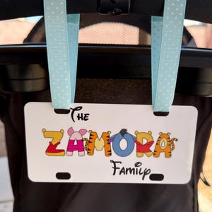 Personalized Aluminum Family Name Stroller Sign, Amusement Theme Park Sign for Stroller, Character Theme ID Tag Disney stroller, Scooter Tag