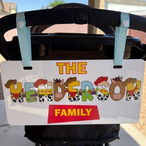 Personalized Acrylic Toy Story Family Name Stroller Sign, Amusement Theme Park Sign for Stroller, Character ID Tag Disney stroller, Scooter