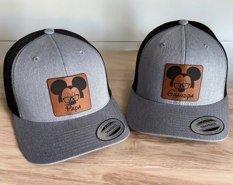 Grandpa Disney Trucker Hat, Adult Papa Disneyland Trucker Hat, Leatherette patch hat, Disneyworld Mickey Hat, Grampy Pappy Papaw hat