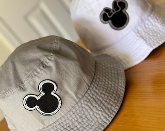 Adult Disney Mickey Mouse Outline Bucket Hat, Mens Disneyland Bucket Hat, 2050 Leatherette patch hat, Womens Disneyworld Minnie Bucket Hat