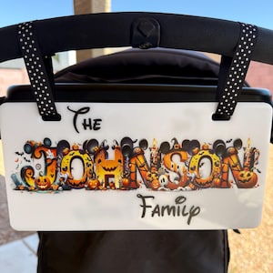 Personalized Halloween Acrylic Family Name Stroller Sign, Amusement Theme Park Fall Sign for Stroller, ID Tag Disney stroller, Scooter Tag