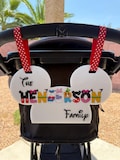 Personalized Acrylic Family Name Stroller Sign, Mickey Head Theme Park Sign for Stroller, Character Theme ID Tag Disney Scooter Tag
