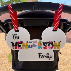 Personalized Acrylic Family Name Stroller Sign, Mickey Head Theme Park Sign for Stroller, Character Theme ID Tag Disney Scooter Tag