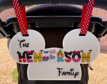 Personalized Acrylic Family Name Stroller Sign, Mickey Head Theme Park Sign for Stroller, Character Theme ID Tag Disney Scooter Tag