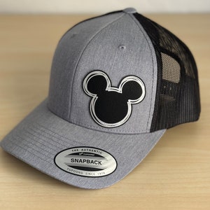 Adult Disney Mickey Mouse Outline Trucker Hat, Mens Disneyland Trucker Hat, YP6606 Leatherette patch hat, Disneyworld Mickey Hat