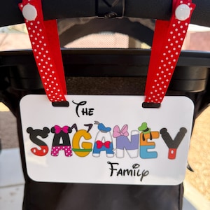 Personalized Acrylic Family Name Stroller Sign, Amusement Theme Park Sign for Stroller, Character Themed ID Tag Disney stroller, Scooter Tag