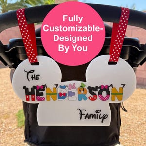 Designed By You Personalized Acrylic Family Name Stroller Sign, Mickey Head Theme Park Sign for Stroller, Character Theme Disney Scooter Tag