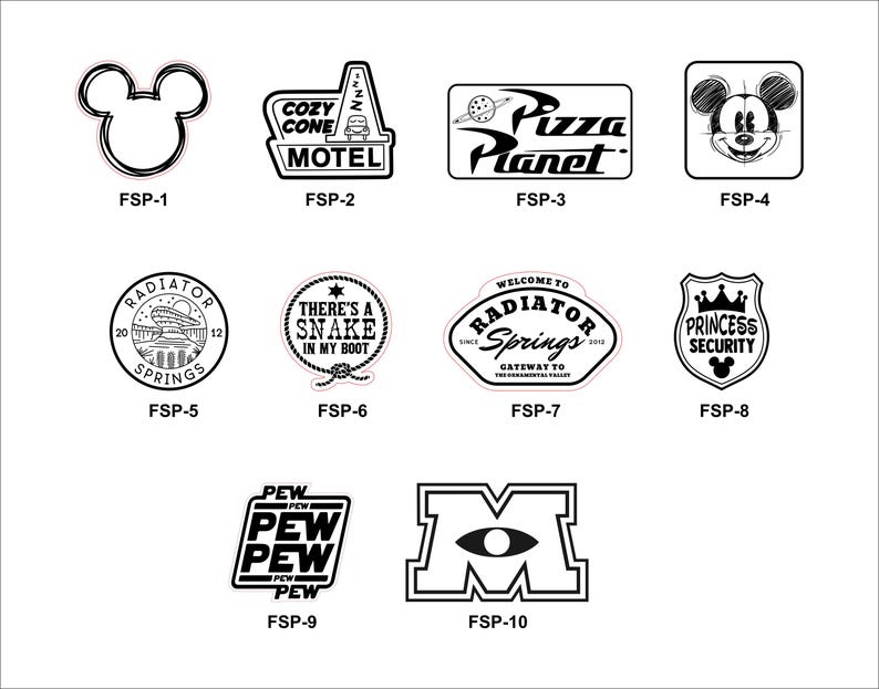 K&ouml;nnte beinhalten: Schwarz-wei&szlig;e Illustrationen verschiedener Disney-Parkattraktionen, darunter Mickey Mouse, Cozy Cone Motel, Pizza Planet, Radiator Springs und Monsters Inc. Die Illustrationen sind im Cartoon-Stil gehalten und eignen sich perfekt als Aufkleber oder B&uuml;gelbilder.