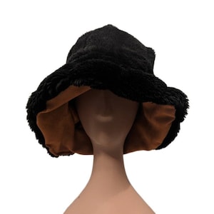Black Flux Fur Bucket hat with Brown Suede Lining