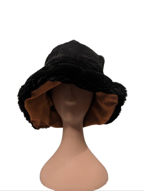 Black Flux Fur Bucket Hat With Brown Suede Lining - Etsy display picture 1