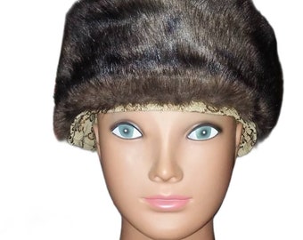 Flux fur African Kufi Hat with Tan and Brown Designer Fabric