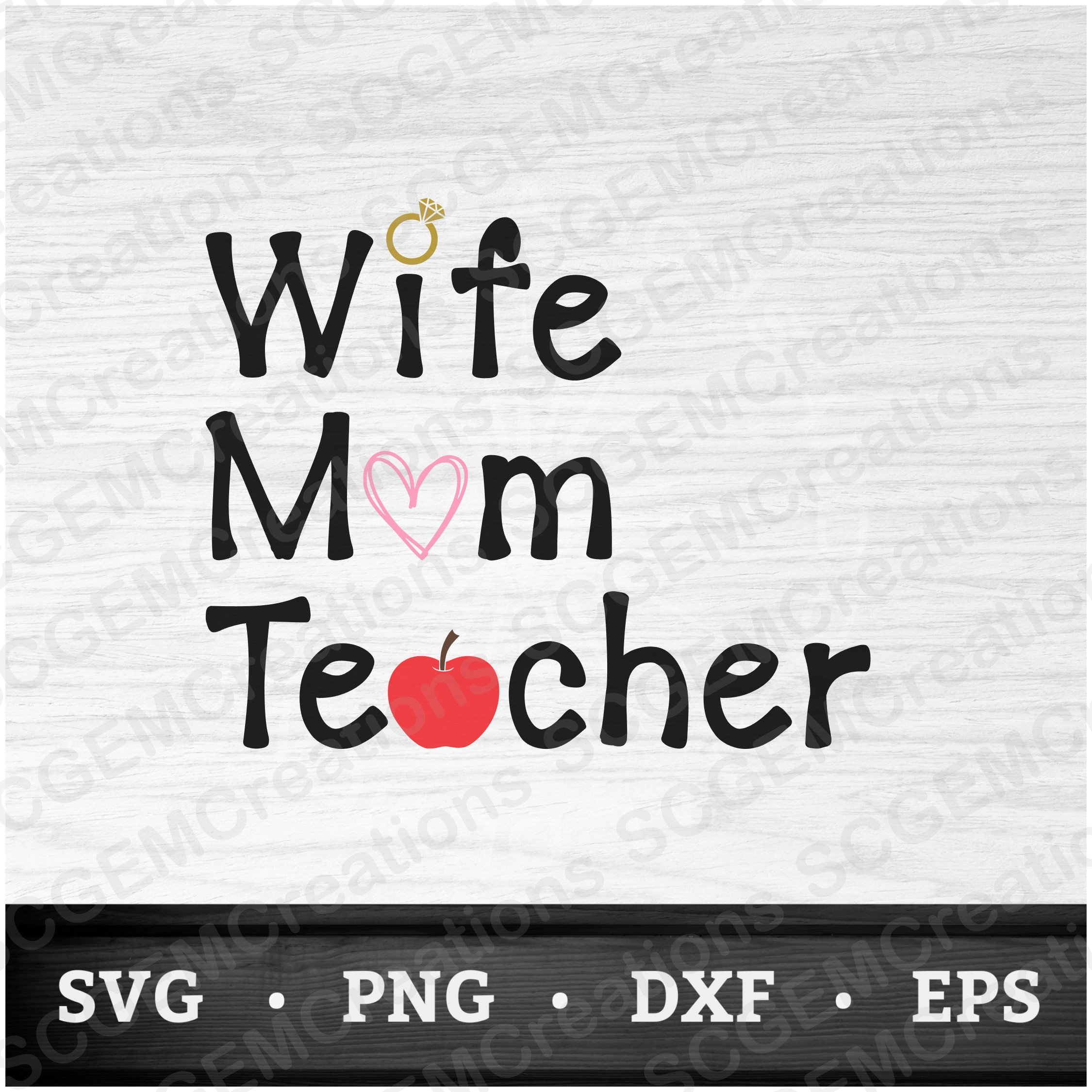 T-Shirt Femme 'Wife Mom Teacher' Avec Cœurs - 100% Coton - Fait Main Aux USA - Plusieurs Tailles - Neuf étiqueté