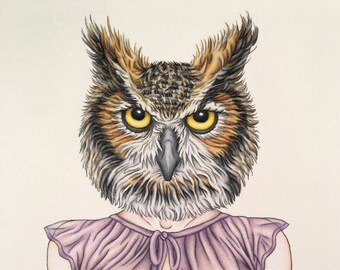 Burlesque Print Owl Artwork Mature "Lady of the Night"   Nude Topless 11x14