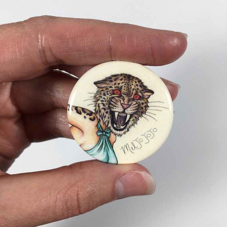 Pinup Burlesque Artwork Leopard Woman Pinback Button Pins image 1