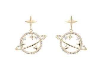 Saturn Planet and Star Gold Earrings/ Solar System Earrings/ Holiday Gifts