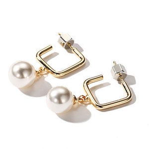 Gold Square Hoop and Pearl Drop Earrings/ Pearl Dangle Earrings/ minimalist Jewelry