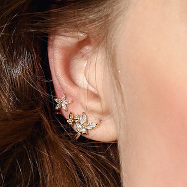 Dainty Crystal Floral and Butterfly Ear Cuff, No piercing Ear Climber/ Ear Crawlers