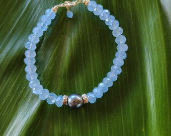 Magnífico brazalete de perlas de Tahití y aguamarina