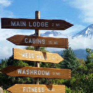Carved cedar arrow directional outdoor signs, Medium sized font, 1 sign board only, custom, personalized, distance to, miles, camp, painted