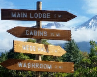 Carved cedar arrow directional outdoor signs, Medium sized font, 1 sign board only, custom, personalized, distance to, miles, camp, painted
