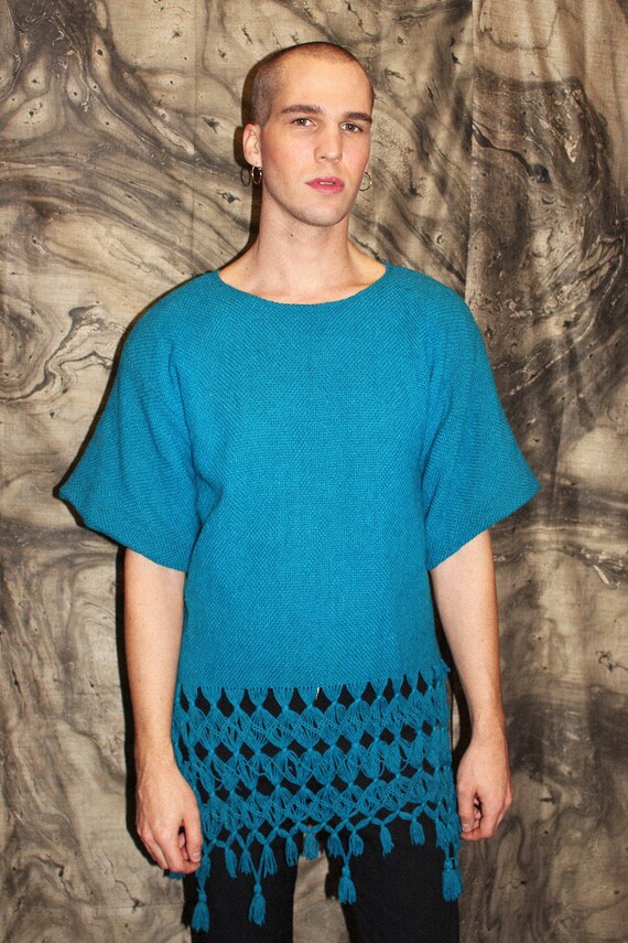 1960s Teal Wool Yarn "Made in Mexico" Macramé Shir