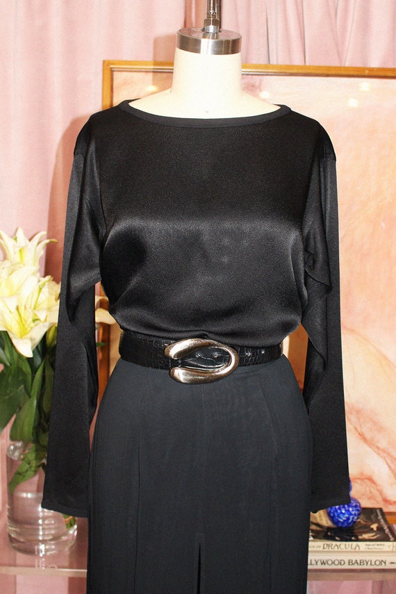 1970's Yves Saint Laurent Black Satin Blouse (S)