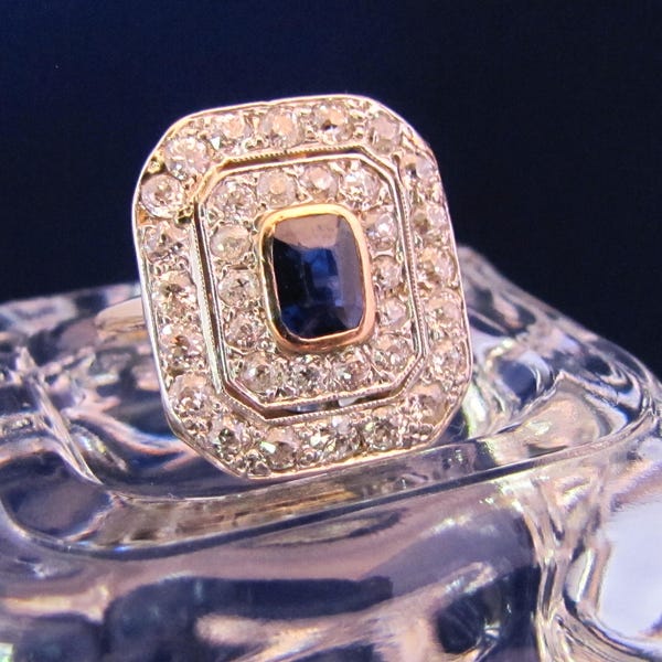 Lay a Way for Kaitlyn Romanella Vintage Estate Sapphire Old European Diamond Two Tone Gold Cocktail Ring