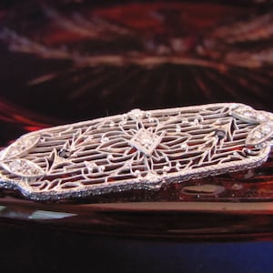 Estate Vintage Edwardian Diamond Sapphire White Gold Filigree Brooch/Pin Pendant