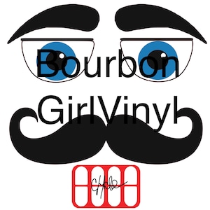 以下が含まれることがあります： 青い虹彩のスタイリッシュな目、太い黒い眉毛、黒い口ひげが特徴のグラフィックデザイン。「Bourbon」の文字が目の上に、「GirlVinyl」の文字が目の下と口ひげの上にあります。白い線と署名が入った赤い長方形が一番下にあります。