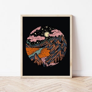 Midnight Mountains | 70s Decor | Psychedelic Art | 70s Wall Art | Psychedelic Wall Art | Boho Decor | Boho Art Print | Nature Wall Art