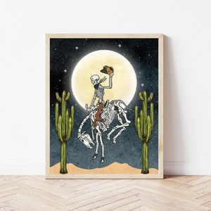 Cowboy Skeleton | Western Skeleton | Skeleton Decor | Halloween Horse | Halloween Decor | Southwestern Art Print | Cactus Wall Art