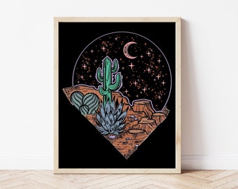 Pink Moon | Boho Decor | Boho Art Print | Cactus Print | Desert Print | Nature Wall Art | Psychedelic Wall Art | 70s Wall Art | 70s Print