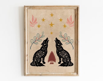 Folk Wolves | Howling Wolves | Animal Wall Art | Southwestern Decor | Gothic Western | Witchy Decor | Celestial Wall Art