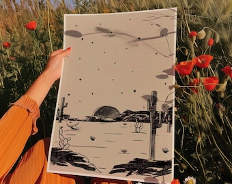 Desert Dusk Cactus Landscape Print | Southwestern Wall Art