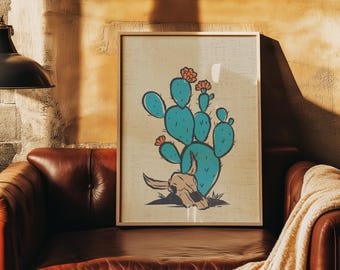Blue Cactus Skull Southwestern Wall Art | Desert Boho Decor Print